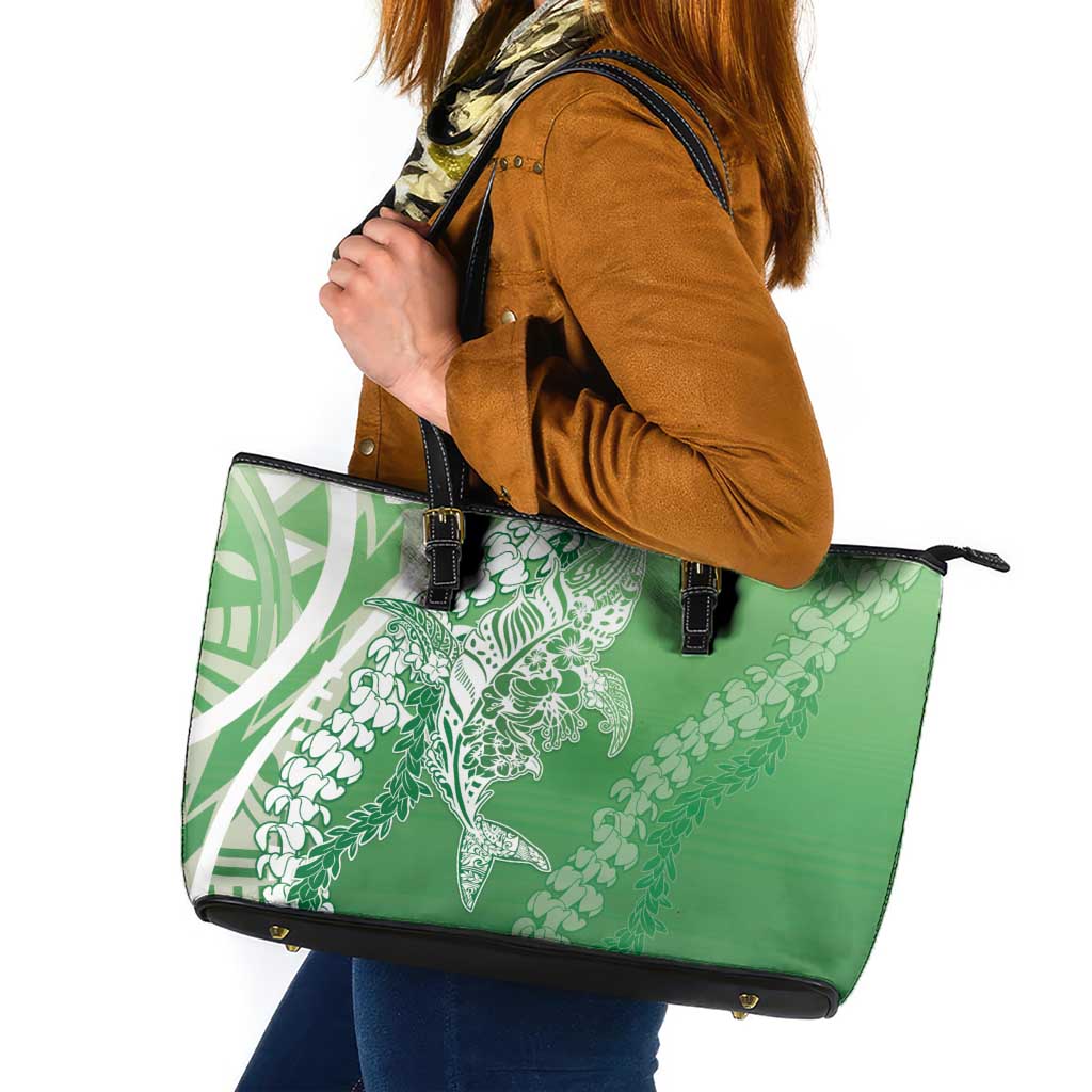 Hawaii Puakenikeni And Maile Lei Leather Tote Bag Green Polynesian Shark Tattoo DT05