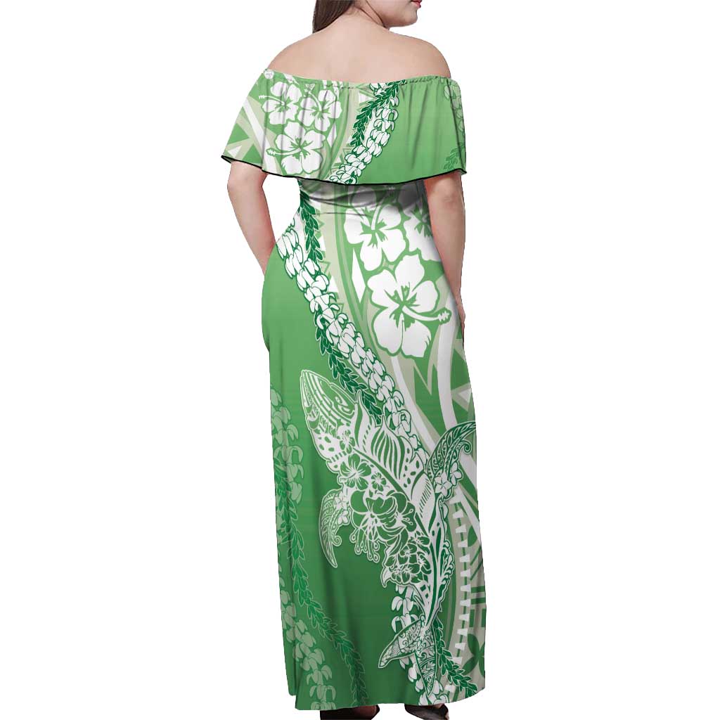 Hawaii Puakenikeni And Maile Lei Off Shoulder Maxi Dress Green Polynesian Shark Tattoo DT05
