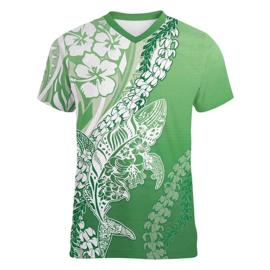 Hawaii Puakenikeni And Maile Lei Women V-Neck T-Shirt Green Polynesian Shark Tattoo DT05