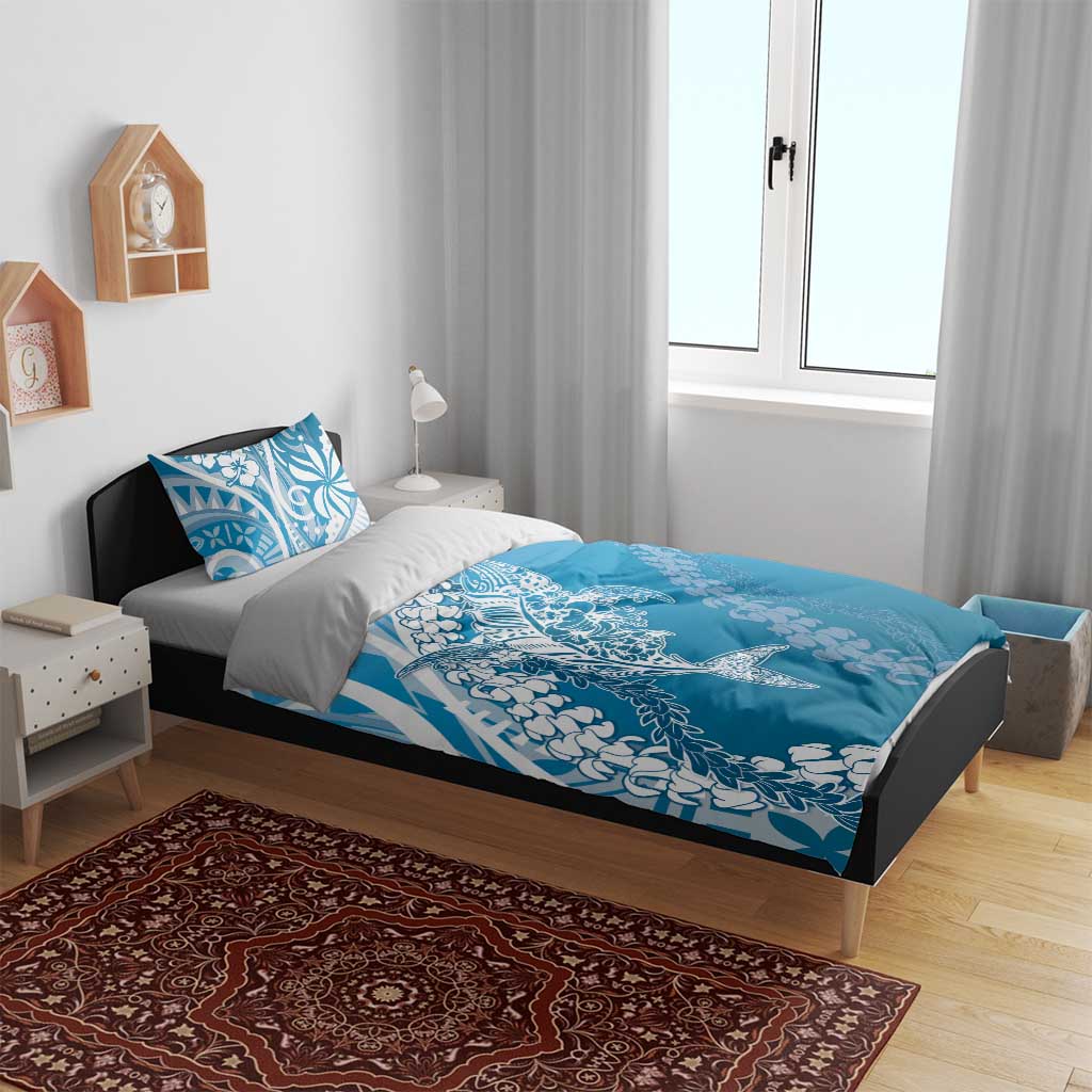 Hawaii Puakenikeni And Maile Lei Bedding Set Blue Polynesian Shark Tattoo DT05