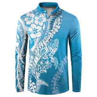 Hawaii Puakenikeni And Maile Lei Button Sweatshirt Blue Polynesian Shark Tattoo DT05