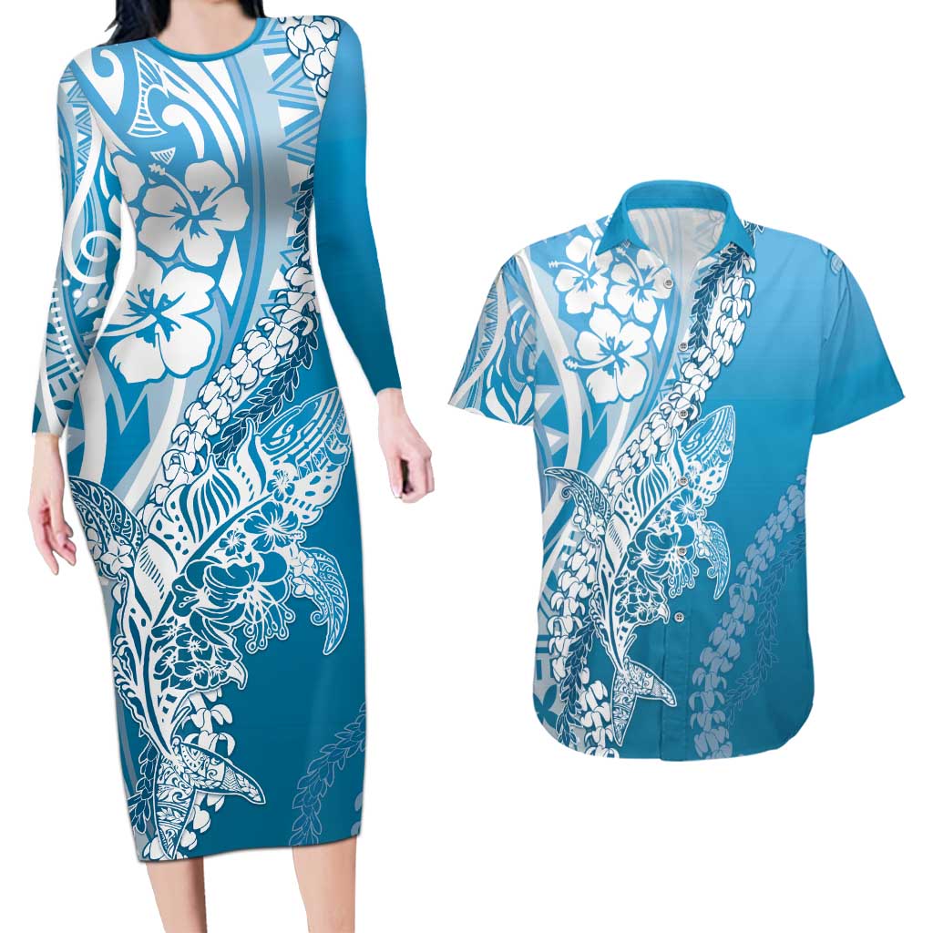 Hawaii Puakenikeni And Maile Lei Couples Matching Long Sleeve Bodycon Dress and Hawaiian Shirt Blue Polynesian Shark Tattoo DT05 Blue - Polynesian Pride