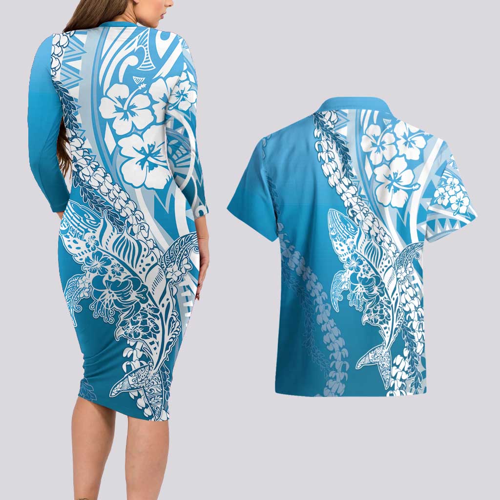Hawaii Puakenikeni And Maile Lei Couples Matching Long Sleeve Bodycon Dress and Hawaiian Shirt Blue Polynesian Shark Tattoo DT05 - Polynesian Pride