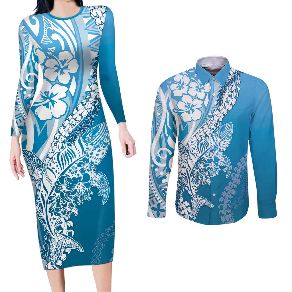 Hawaii Puakenikeni And Maile Lei Couples Matching Long Sleeve Bodycon Dress and Long Sleeve Button Shirt Blue Polynesian Shark Tattoo DT05 Blue - Polynesian Pride
