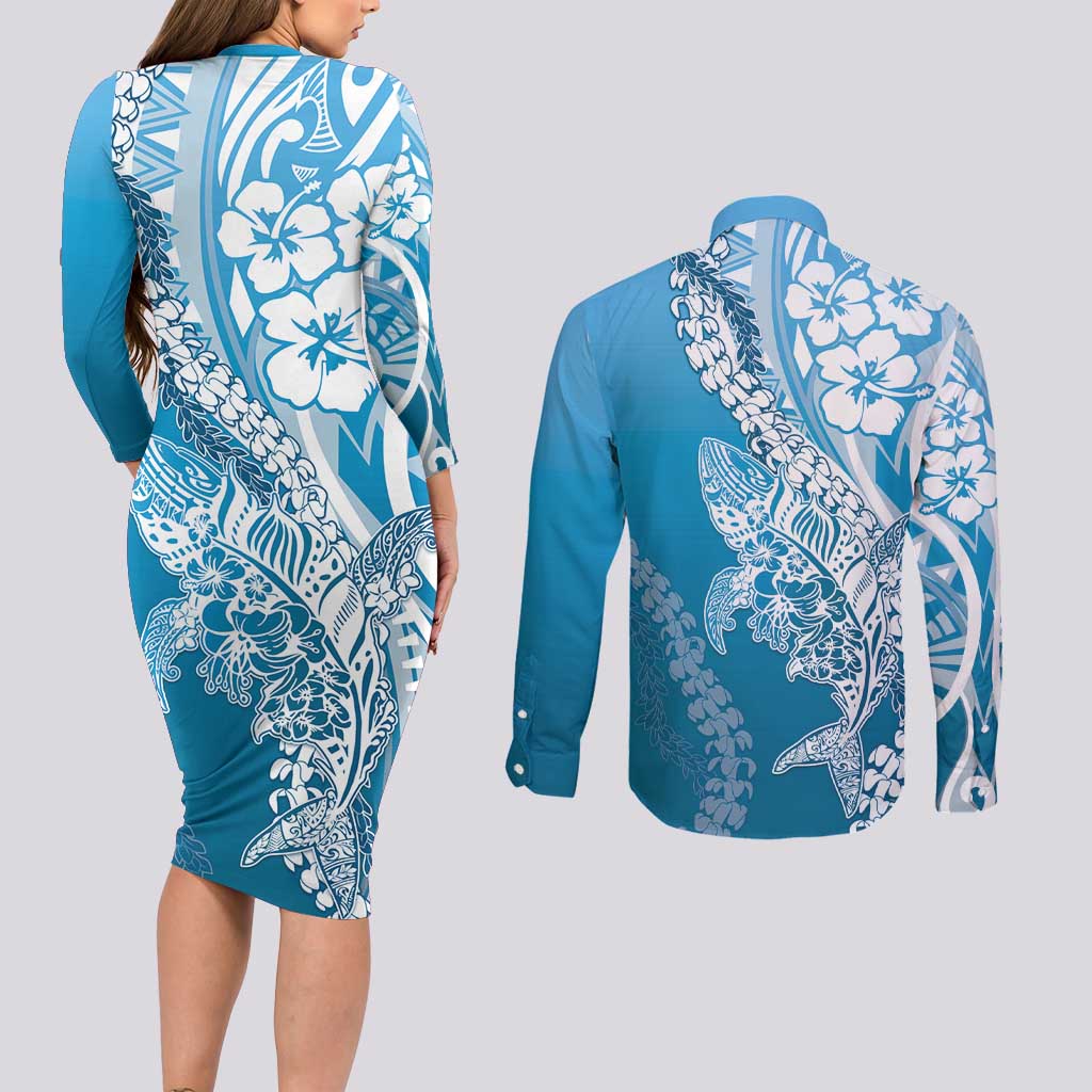 Hawaii Puakenikeni And Maile Lei Couples Matching Long Sleeve Bodycon Dress and Long Sleeve Button Shirt Blue Polynesian Shark Tattoo DT05 - Polynesian Pride