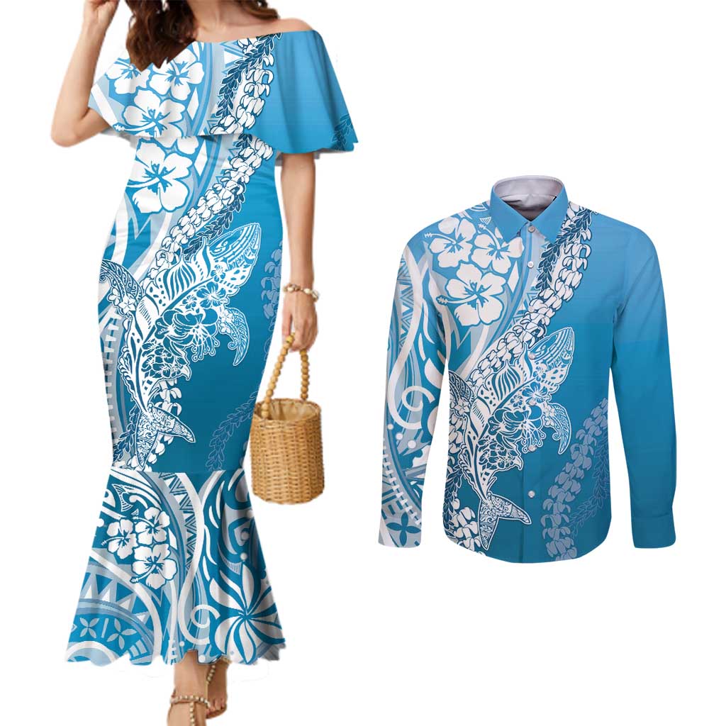 Hawaii Puakenikeni And Maile Lei Couples Matching Mermaid Dress and Long Sleeve Button Shirt Blue Polynesian Shark Tattoo DT05 Blue - Polynesian Pride