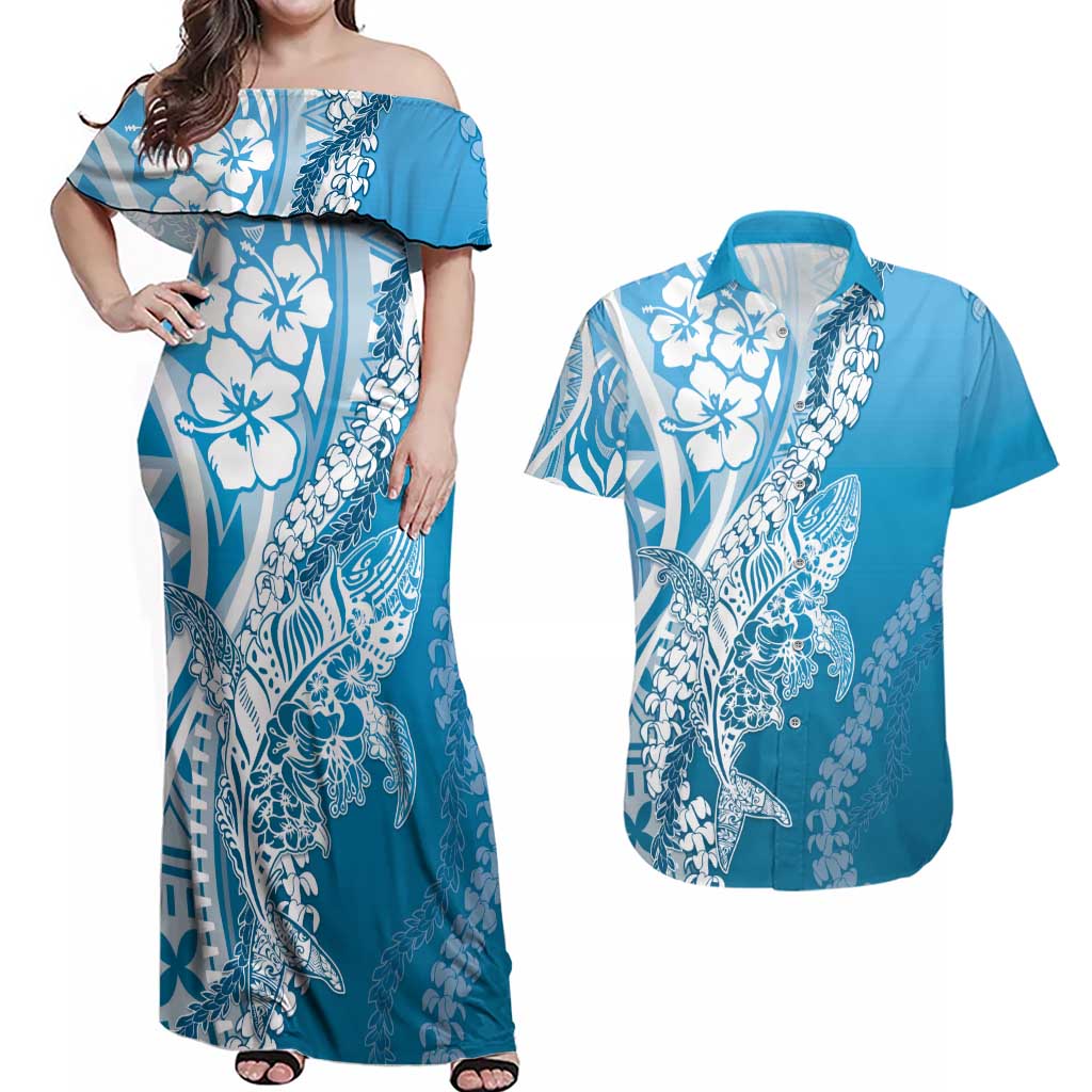 Hawaii Puakenikeni And Maile Lei Couples Matching Off Shoulder Maxi Dress and Hawaiian Shirt Blue Polynesian Shark Tattoo DT05 Blue - Polynesian Pride