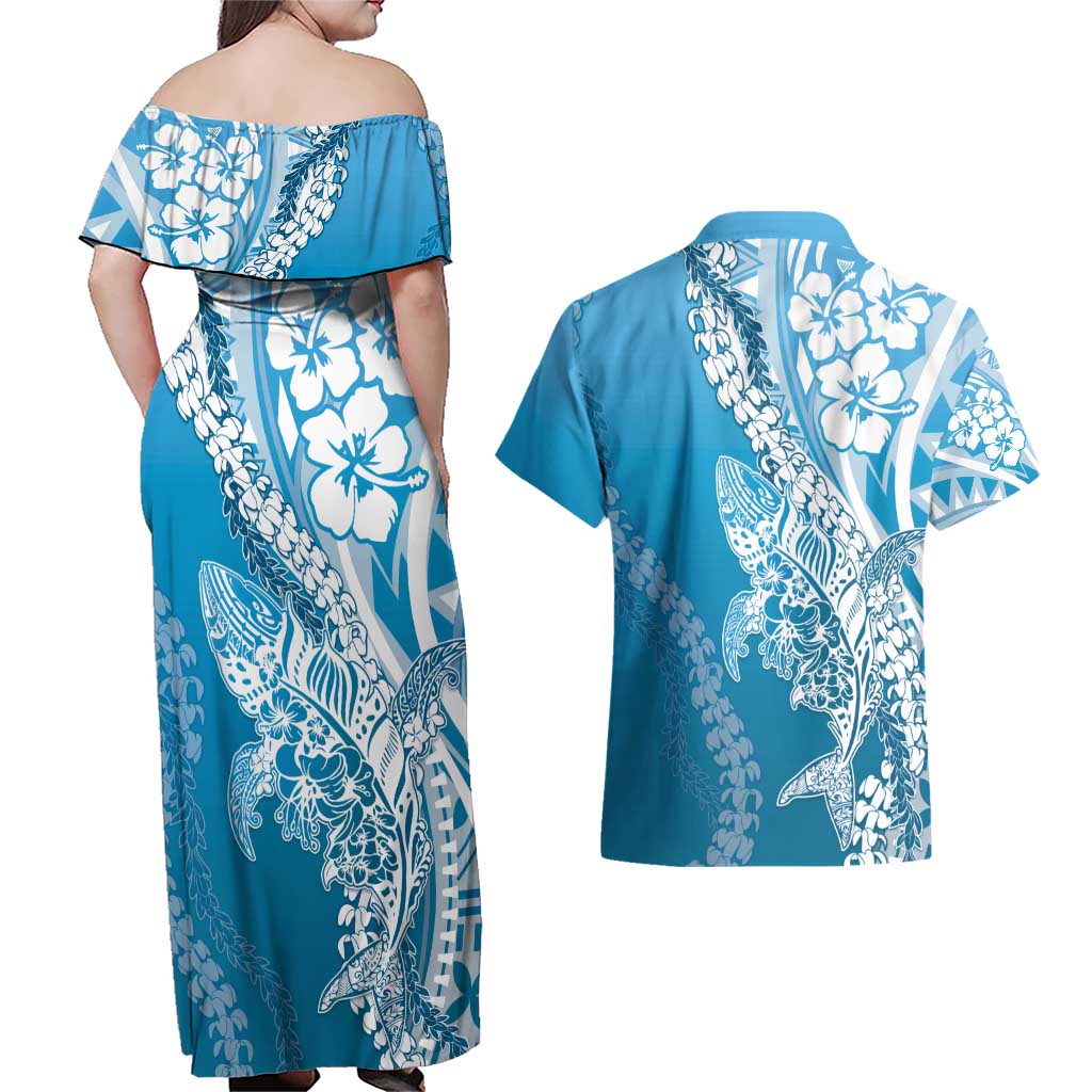 Hawaii Puakenikeni And Maile Lei Couples Matching Off Shoulder Maxi Dress and Hawaiian Shirt Blue Polynesian Shark Tattoo DT05 - Polynesian Pride