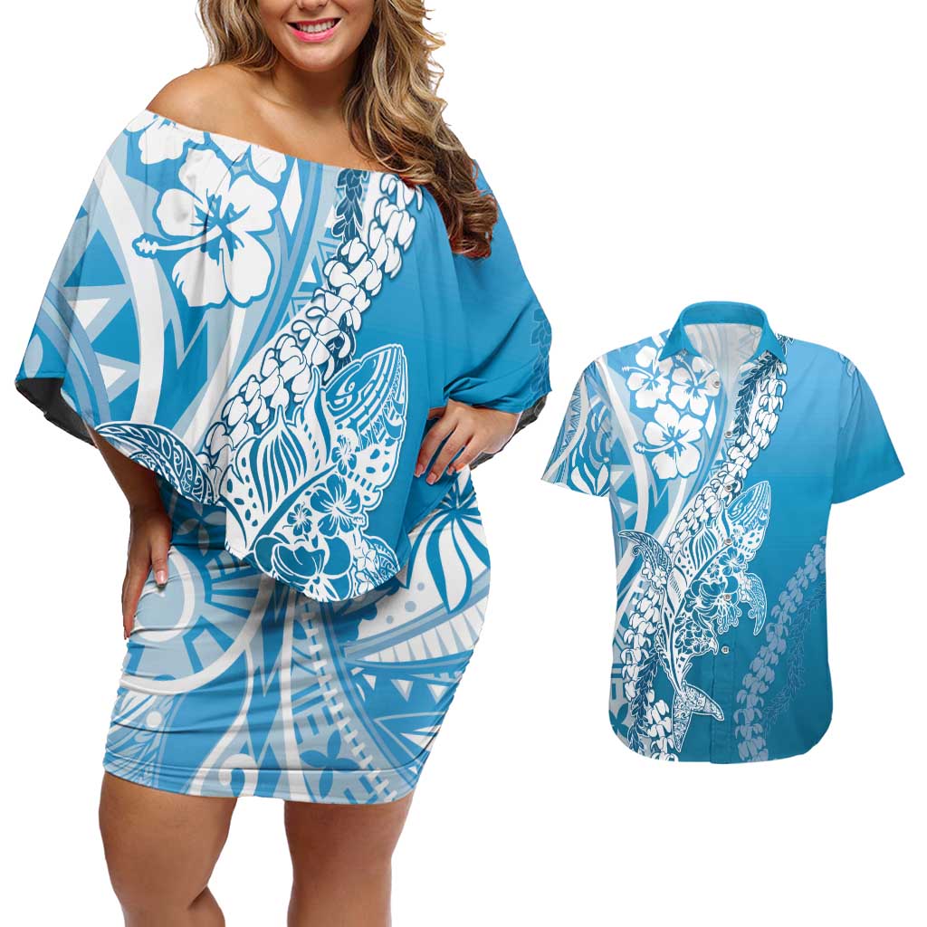 Hawaii Puakenikeni And Maile Lei Couples Matching Off Shoulder Short Dress and Hawaiian Shirt Blue Polynesian Shark Tattoo DT05 Blue - Polynesian Pride