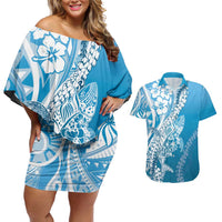 Hawaii Puakenikeni And Maile Lei Couples Matching Off Shoulder Short Dress and Hawaiian Shirt Blue Polynesian Shark Tattoo DT05 Blue - Polynesian Pride