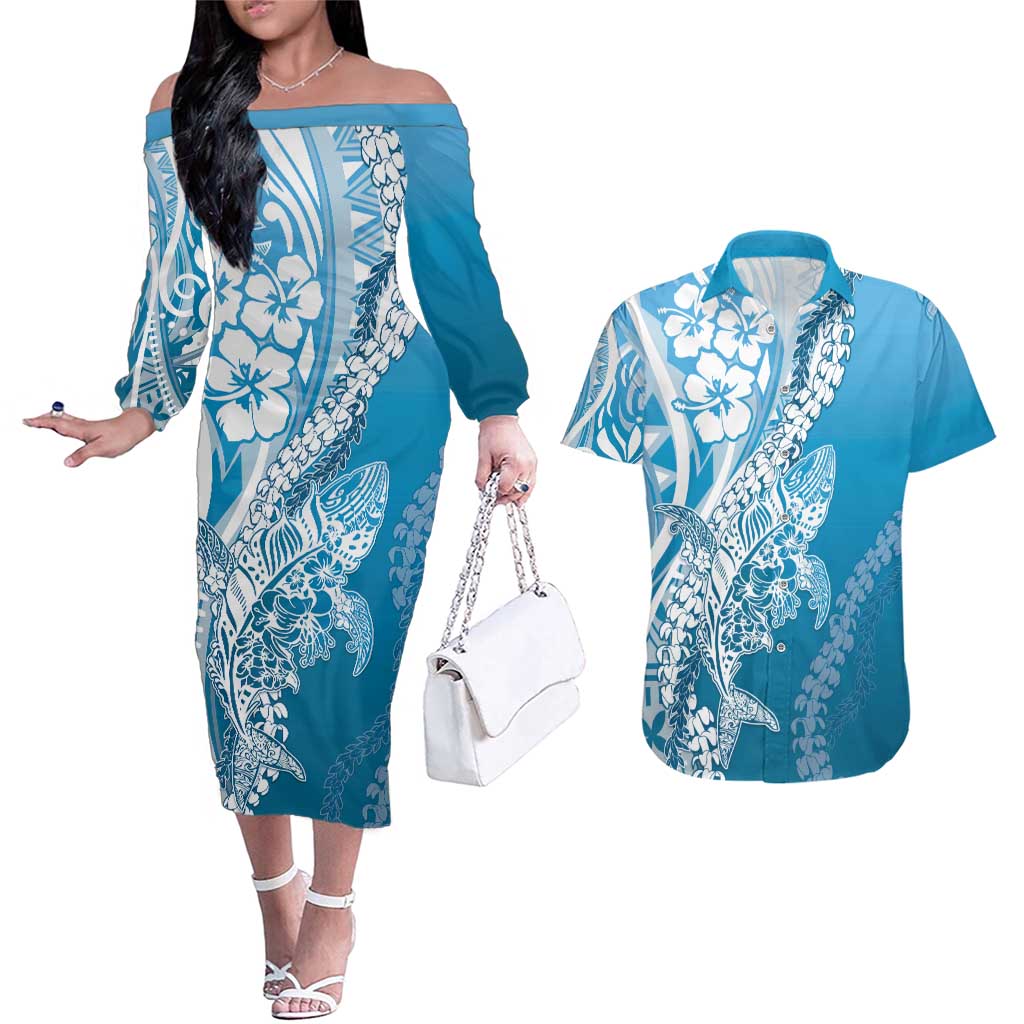 Hawaii Puakenikeni And Maile Lei Couples Matching Off The Shoulder Long Sleeve Dress and Hawaiian Shirt Blue Polynesian Shark Tattoo DT05 Blue - Polynesian Pride