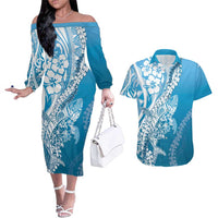 Hawaii Puakenikeni And Maile Lei Couples Matching Off The Shoulder Long Sleeve Dress and Hawaiian Shirt Blue Polynesian Shark Tattoo DT05 Blue - Polynesian Pride