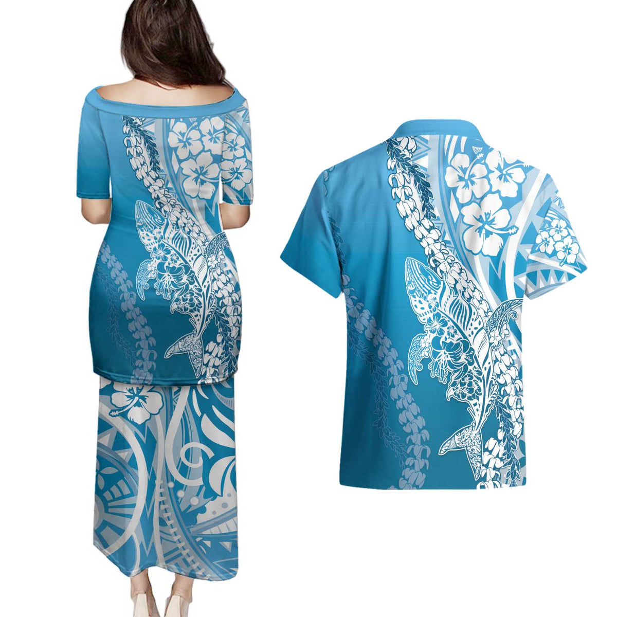 Hawaii Puakenikeni And Maile Lei Couples Matching Puletasi and Hawaiian Shirt Blue Polynesian Shark Tattoo DT05