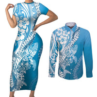 Hawaii Puakenikeni And Maile Lei Couples Matching Short Sleeve Bodycon Dress and Long Sleeve Button Shirt Blue Polynesian Shark Tattoo DT05 Blue - Polynesian Pride