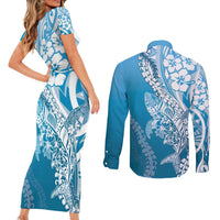 Hawaii Puakenikeni And Maile Lei Couples Matching Short Sleeve Bodycon Dress and Long Sleeve Button Shirt Blue Polynesian Shark Tattoo DT05 - Polynesian Pride