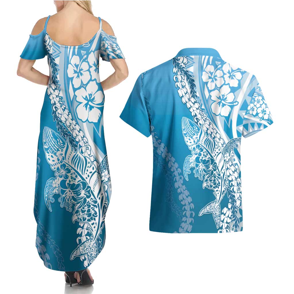Hawaii Puakenikeni And Maile Lei Couples Matching Summer Maxi Dress and Hawaiian Shirt Blue Polynesian Shark Tattoo DT05 - Polynesian Pride
