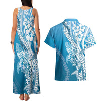 Hawaii Puakenikeni And Maile Lei Couples Matching Tank Maxi Dress and Hawaiian Shirt Blue Polynesian Shark Tattoo DT05 - Polynesian Pride