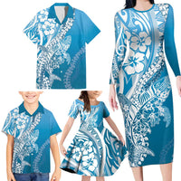 Hawaii Puakenikeni And Maile Lei Family Matching Long Sleeve Bodycon Dress and Hawaiian Shirt Blue Polynesian Shark Tattoo DT05 - Polynesian Pride