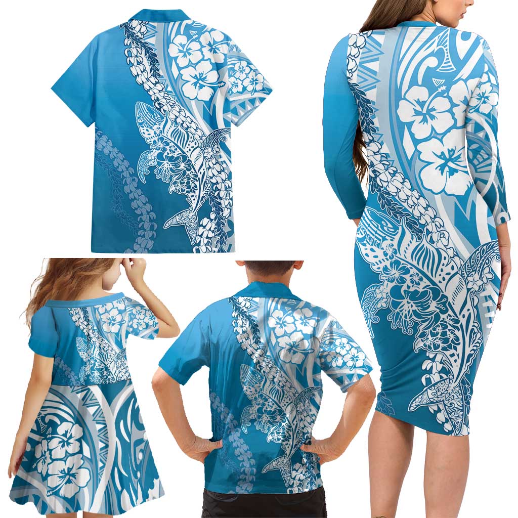 Hawaii Puakenikeni And Maile Lei Family Matching Long Sleeve Bodycon Dress and Hawaiian Shirt Blue Polynesian Shark Tattoo DT05 - Polynesian Pride