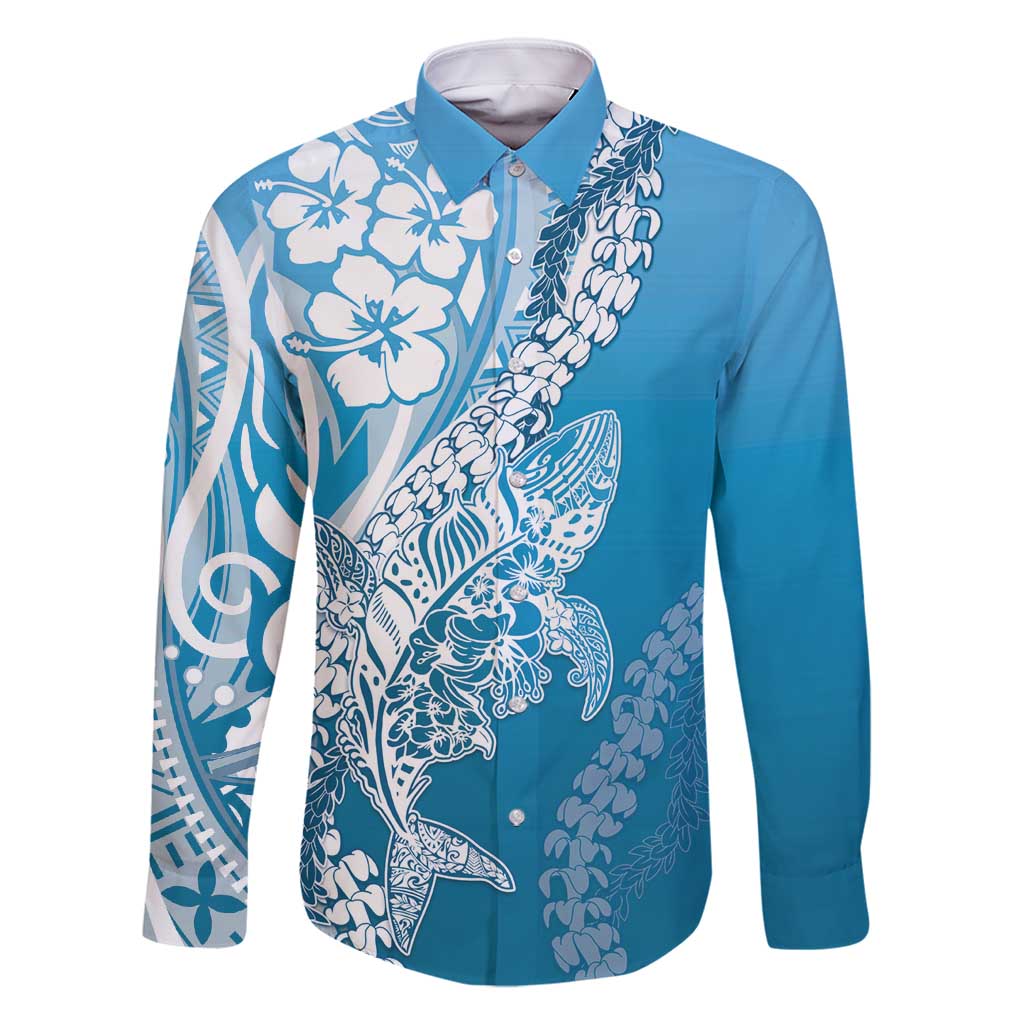 Hawaii Puakenikeni And Maile Lei Family Matching Long Sleeve Bodycon Dress and Hawaiian Shirt Blue Polynesian Shark Tattoo DT05 Dad's Shirt - Long Sleeve Blue - Polynesian Pride