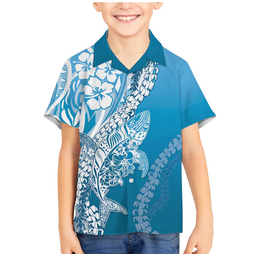 Hawaii Puakenikeni And Maile Lei Family Matching Mermaid Dress and Hawaiian Shirt Blue Polynesian Shark Tattoo DT05 Son's Shirt Blue - Polynesian Pride