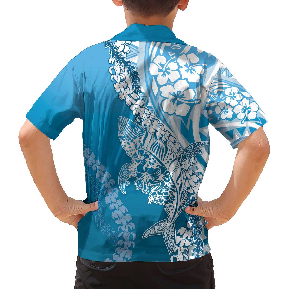 Hawaii Puakenikeni And Maile Lei Family Matching Off The Shoulder Long Sleeve Dress and Hawaiian Shirt Blue Polynesian Shark Tattoo DT05 - Polynesian Pride