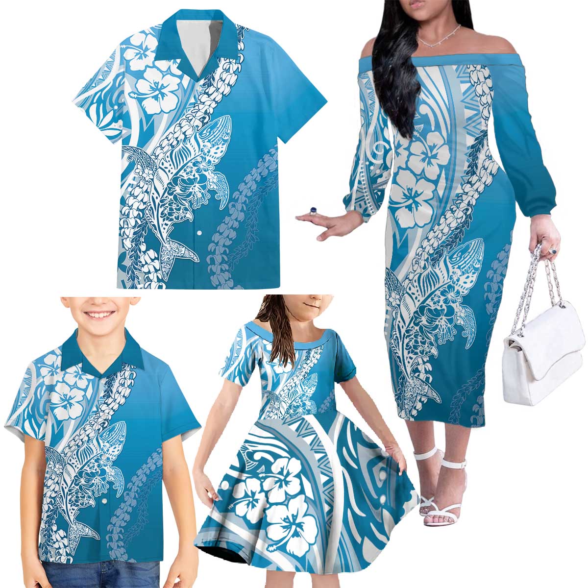 Hawaii Puakenikeni And Maile Lei Family Matching Off The Shoulder Long Sleeve Dress and Hawaiian Shirt Blue Polynesian Shark Tattoo DT05 - Polynesian Pride