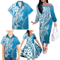 Hawaii Puakenikeni And Maile Lei Family Matching Off The Shoulder Long Sleeve Dress and Hawaiian Shirt Blue Polynesian Shark Tattoo DT05 - Polynesian Pride