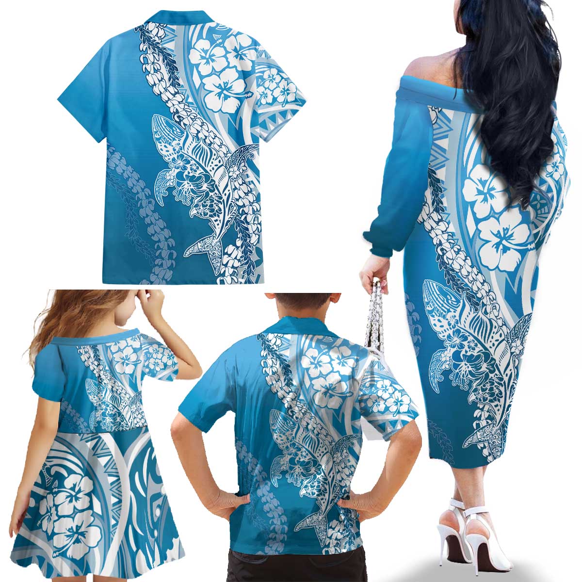 Hawaii Puakenikeni And Maile Lei Family Matching Off The Shoulder Long Sleeve Dress and Hawaiian Shirt Blue Polynesian Shark Tattoo DT05 - Polynesian Pride