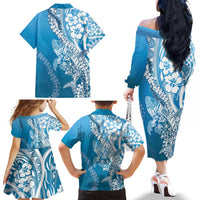 Hawaii Puakenikeni And Maile Lei Family Matching Off The Shoulder Long Sleeve Dress and Hawaiian Shirt Blue Polynesian Shark Tattoo DT05 - Polynesian Pride
