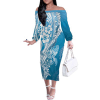 Hawaii Puakenikeni And Maile Lei Family Matching Off The Shoulder Long Sleeve Dress and Hawaiian Shirt Blue Polynesian Shark Tattoo DT05 Mom's Dress Blue - Polynesian Pride