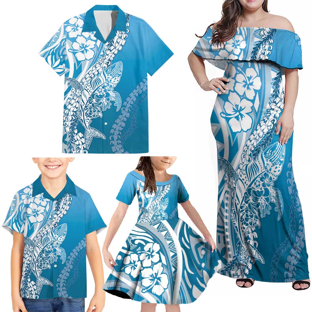 Hawaii Puakenikeni And Maile Lei Family Matching Off Shoulder Maxi Dress and Hawaiian Shirt Blue Polynesian Shark Tattoo DT05 - Polynesian Pride