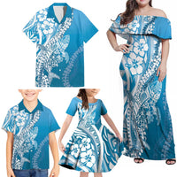Hawaii Puakenikeni And Maile Lei Family Matching Off Shoulder Maxi Dress and Hawaiian Shirt Blue Polynesian Shark Tattoo DT05 - Polynesian Pride