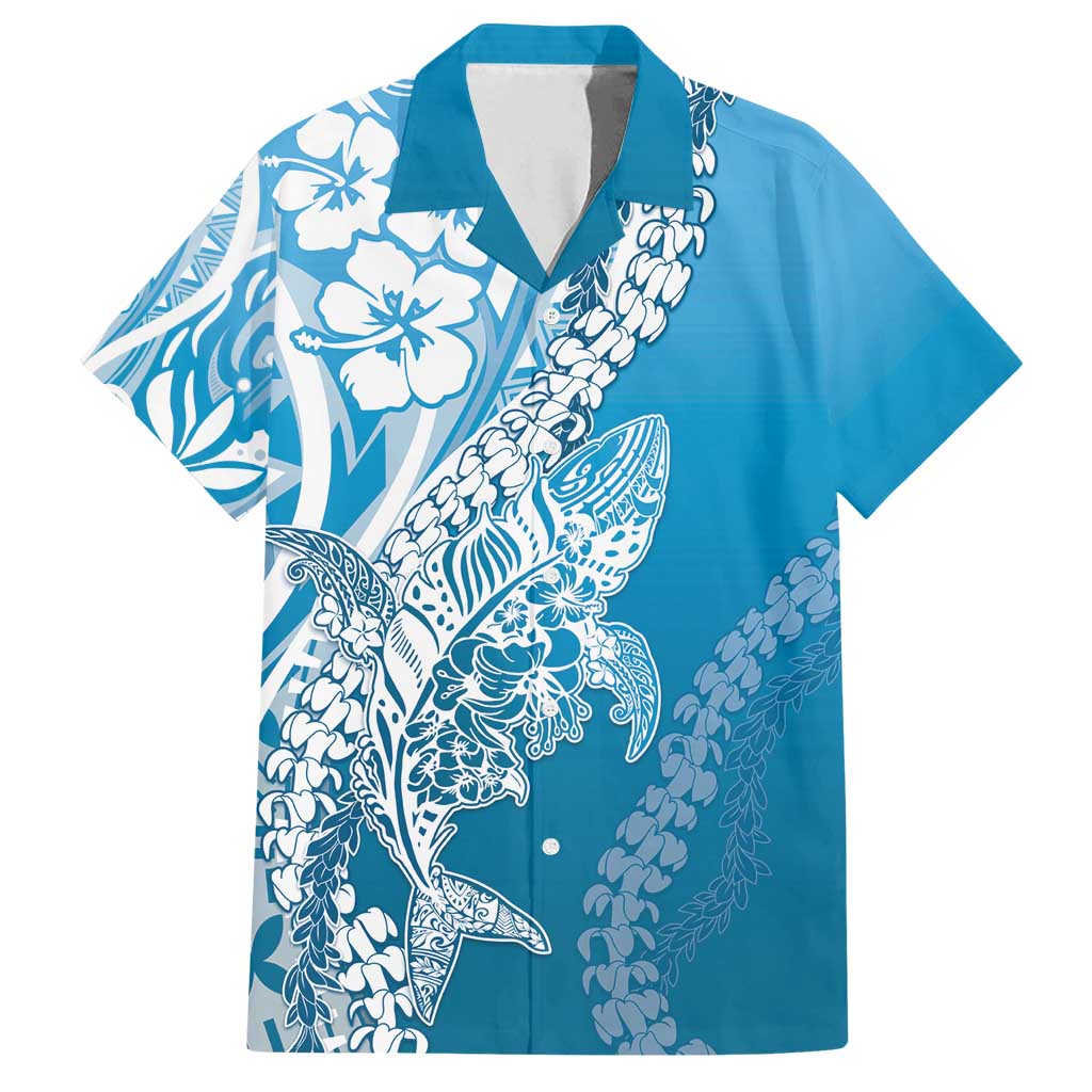 Hawaii Puakenikeni And Maile Lei Family Matching Off Shoulder Maxi Dress and Hawaiian Shirt Blue Polynesian Shark Tattoo DT05 Dad's Shirt - Short Sleeve Blue - Polynesian Pride
