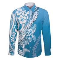 Hawaii Puakenikeni And Maile Lei Family Matching Off Shoulder Maxi Dress and Hawaiian Shirt Blue Polynesian Shark Tattoo DT05 Dad's Shirt - Long Sleeve Blue - Polynesian Pride