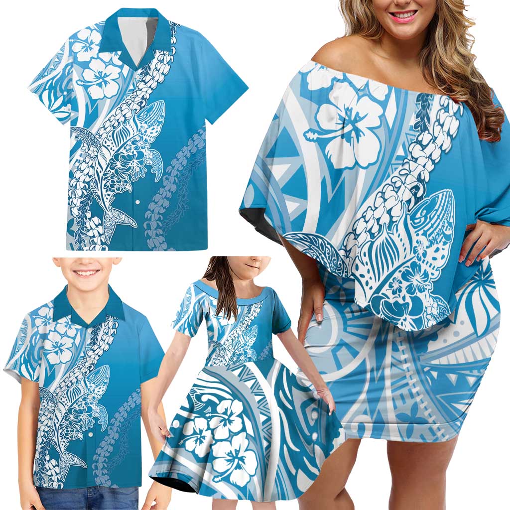 Hawaii Puakenikeni And Maile Lei Family Matching Off Shoulder Short Dress and Hawaiian Shirt Blue Polynesian Shark Tattoo DT05 - Polynesian Pride