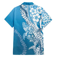 Hawaii Puakenikeni And Maile Lei Family Matching Off Shoulder Short Dress and Hawaiian Shirt Blue Polynesian Shark Tattoo DT05 - Polynesian Pride