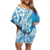 Hawaii Puakenikeni And Maile Lei Family Matching Off Shoulder Short Dress and Hawaiian Shirt Blue Polynesian Shark Tattoo DT05 Mom's Dress Blue - Polynesian Pride