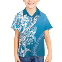 Hawaii Puakenikeni And Maile Lei Family Matching Off Shoulder Short Dress and Hawaiian Shirt Blue Polynesian Shark Tattoo DT05 Son's Shirt Blue - Polynesian Pride