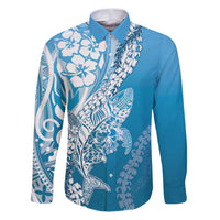 Hawaii Puakenikeni And Maile Lei Family Matching Puletasi and Hawaiian Shirt Blue Polynesian Shark Tattoo DT05 Dad's Shirt - Long Sleeve Blue - Polynesian Pride
