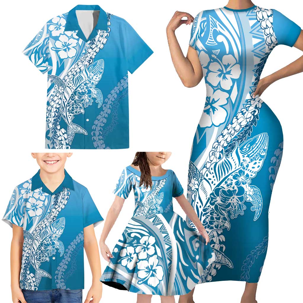 Hawaii Puakenikeni And Maile Lei Family Matching Short Sleeve Bodycon Dress and Hawaiian Shirt Blue Polynesian Shark Tattoo DT05 - Polynesian Pride