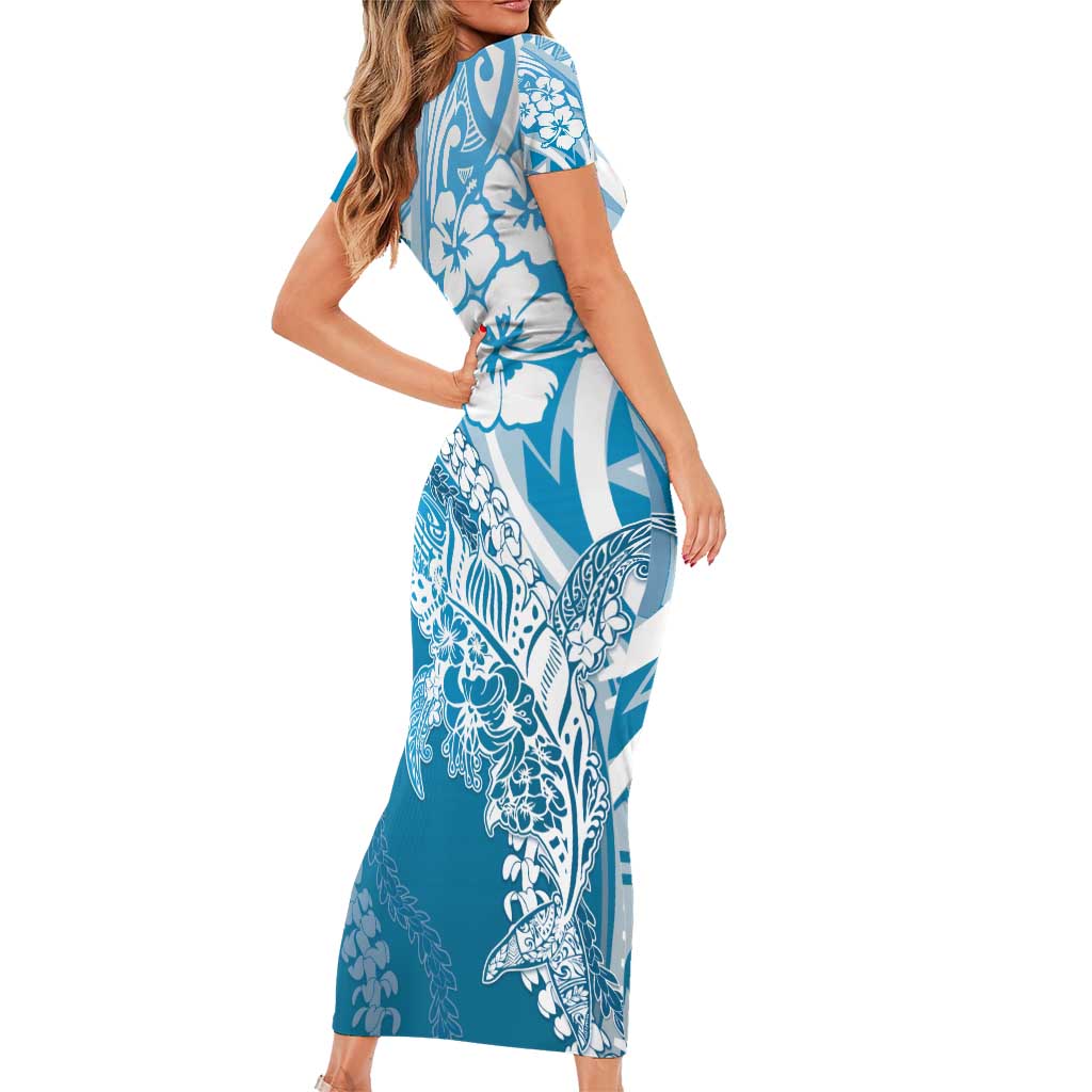 Hawaii Puakenikeni And Maile Lei Family Matching Short Sleeve Bodycon Dress and Hawaiian Shirt Blue Polynesian Shark Tattoo DT05 - Polynesian Pride