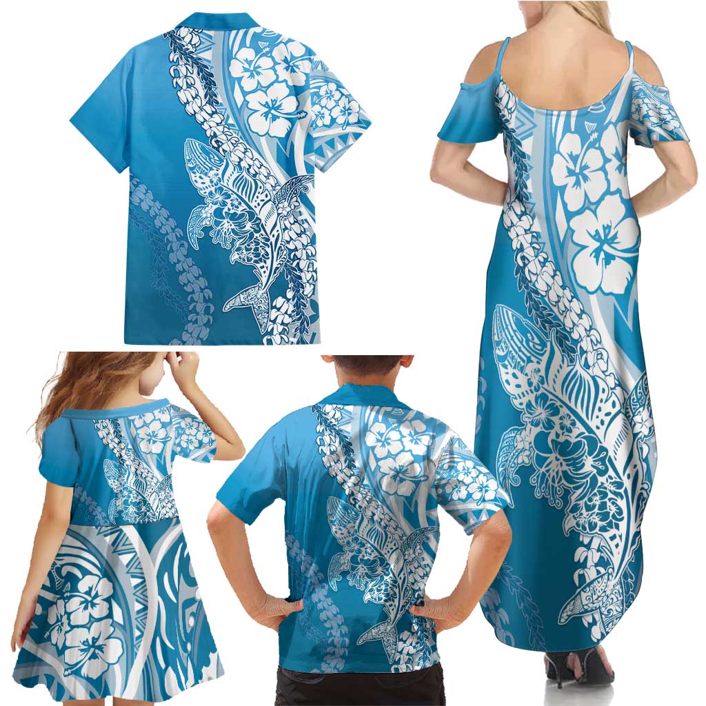 Hawaii Puakenikeni And Maile Lei Family Matching Summer Maxi Dress and Hawaiian Shirt Blue Polynesian Shark Tattoo DT05 - Polynesian Pride