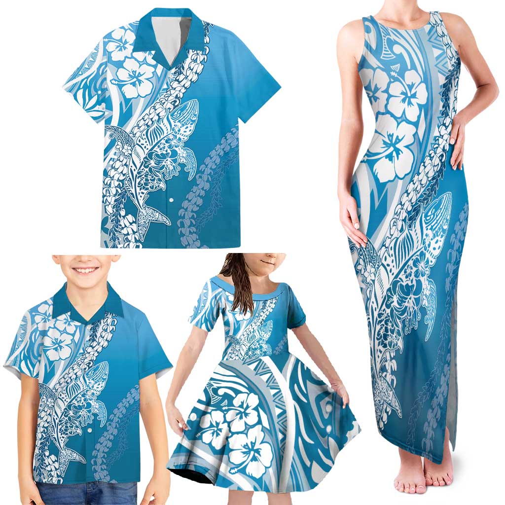 Hawaii Puakenikeni And Maile Lei Family Matching Tank Maxi Dress and Hawaiian Shirt Blue Polynesian Shark Tattoo DT05 - Polynesian Pride