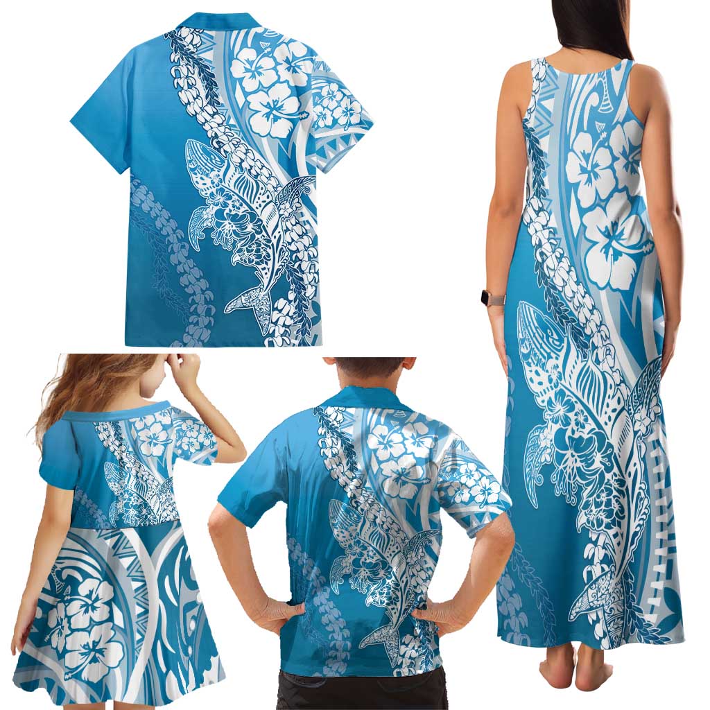 Hawaii Puakenikeni And Maile Lei Family Matching Tank Maxi Dress and Hawaiian Shirt Blue Polynesian Shark Tattoo DT05 - Polynesian Pride