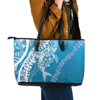 Hawaii Puakenikeni And Maile Lei Leather Tote Bag Blue Polynesian Shark Tattoo DT05