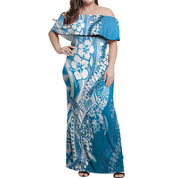 Hawaii Puakenikeni And Maile Lei Off Shoulder Maxi Dress Blue Polynesian Shark Tattoo DT05