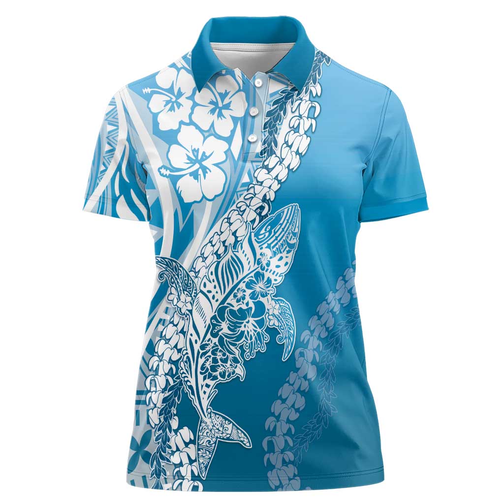 Hawaii Puakenikeni And Maile Lei Women Polo Shirt Blue Polynesian Shark Tattoo DT05