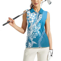 Hawaii Puakenikeni And Maile Lei Women Sleeveless Polo Shirt Blue Polynesian Shark Tattoo DT05