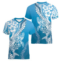 Hawaii Puakenikeni And Maile Lei Women V-Neck T-Shirt Blue Polynesian Shark Tattoo DT05